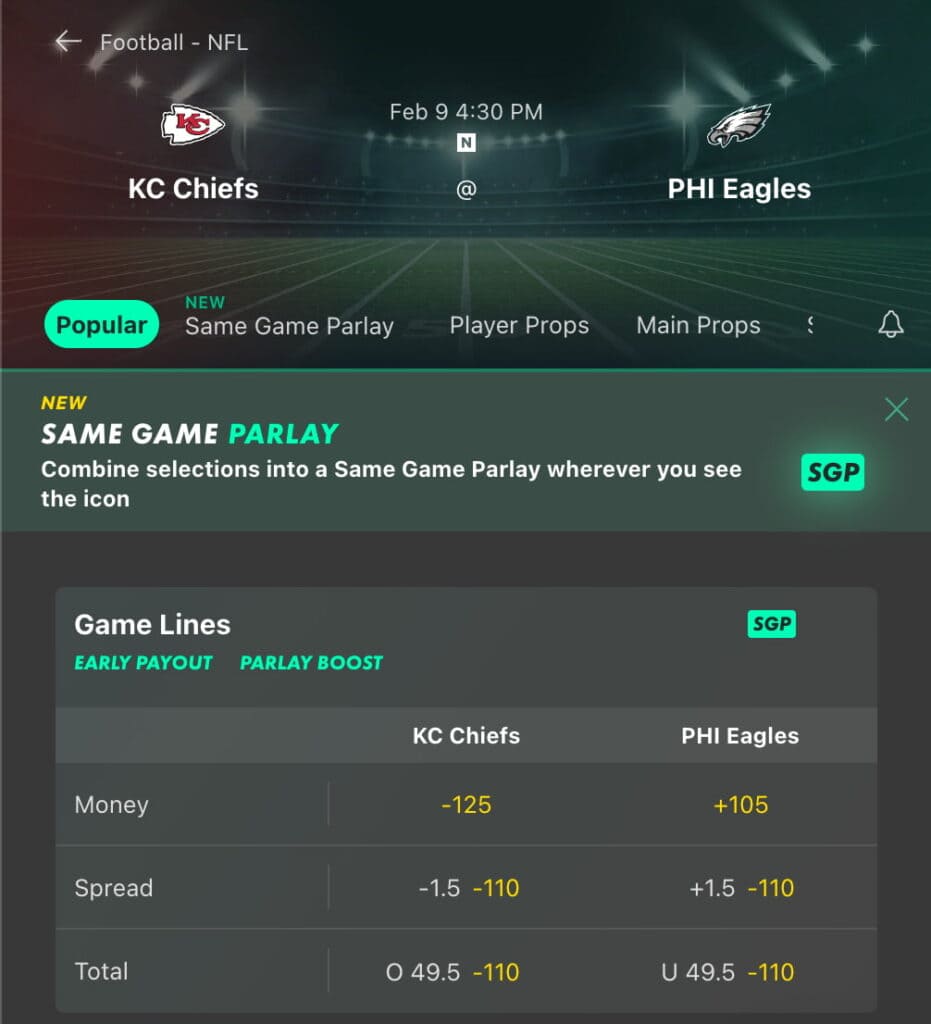 Up-to-date Super Bowl lines and odds from Bet365 between Philadelphia Eagles and Kansas City Chiefs.